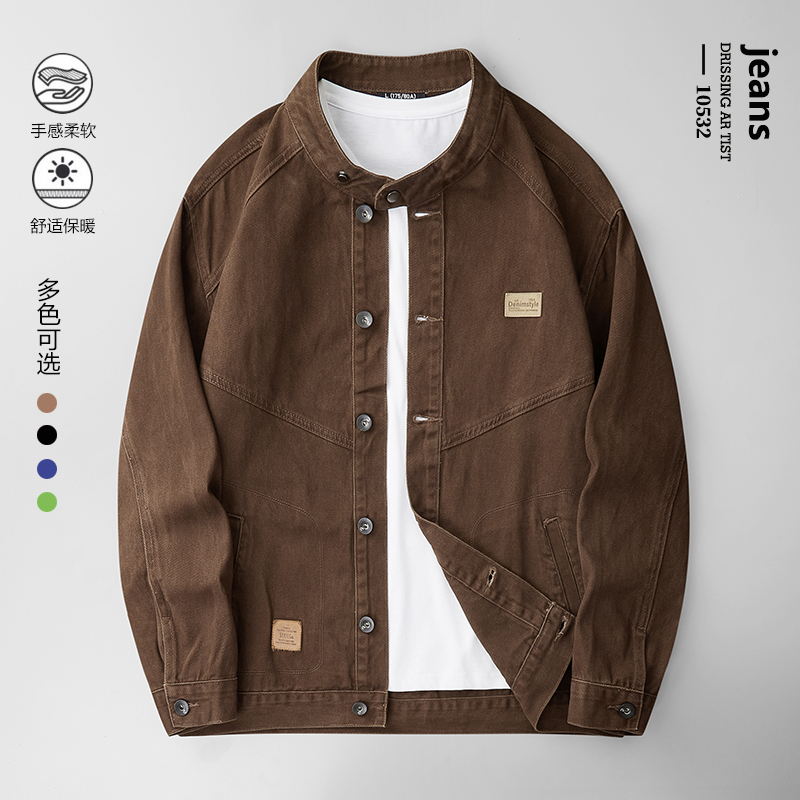 2025秋季新款复古咖啡色牛仔外套男士春秋美式圆领宽松夹克男潮流