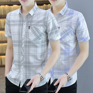 衬衫 短袖 薄款 韩版 帅气免烫冰丝尖领休闲百搭潮牌衬衣 夏季 修身 男士