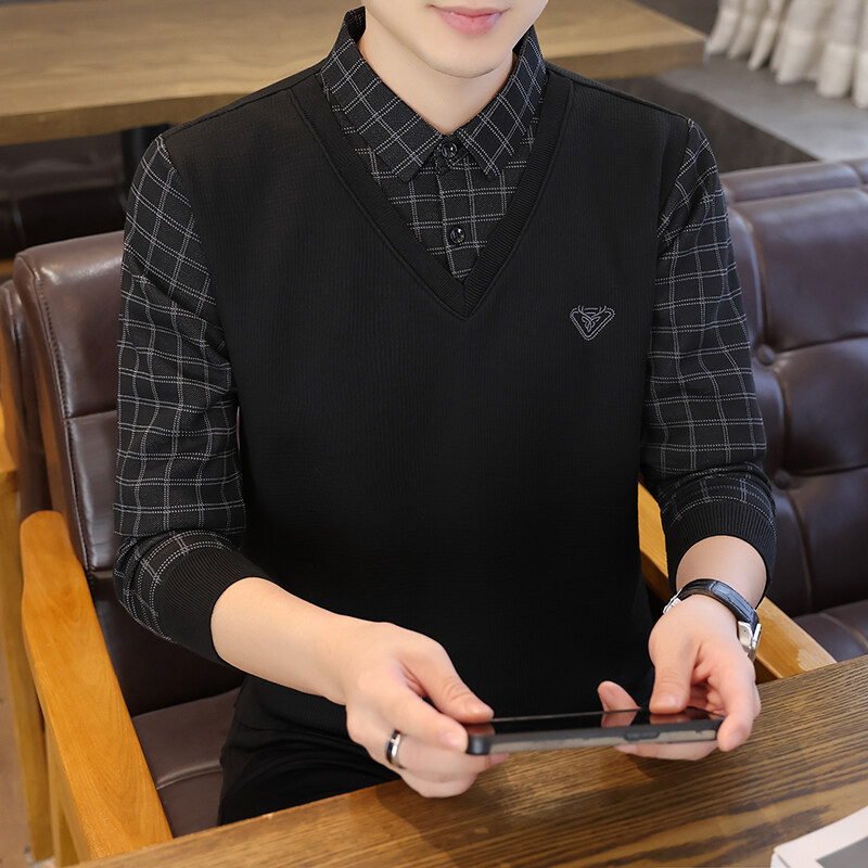 秋冬季中青年男士毛衣针织衫加绒加厚长袖韩版潮流假两件男衬衫领