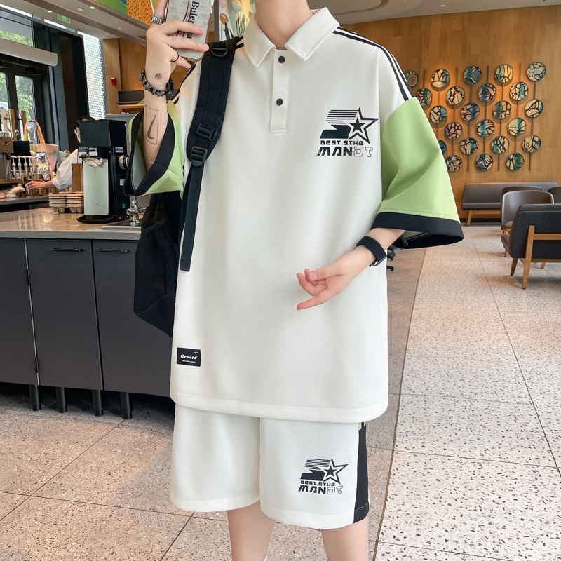 翻领短袖t恤男款夏季休闲运动套装高级感一整套穿搭衣服polo衫潮