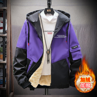 加厚外套流行拼接潮牌ins加棉冬衣服秋装 加绒夹克男韩版 潮流工装