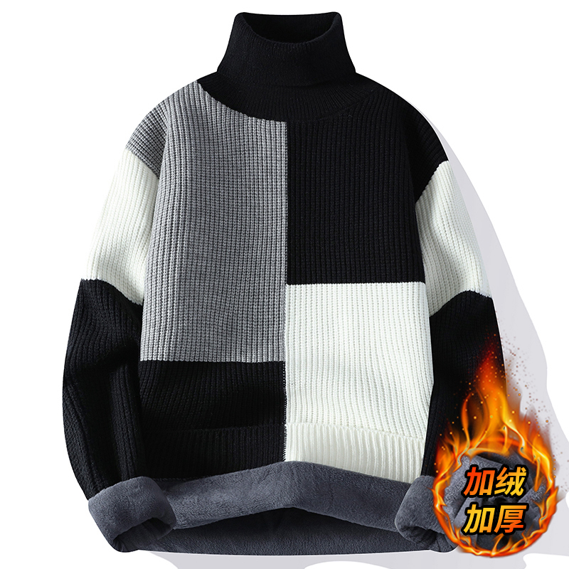 加绒加厚撞色高领毛衣
