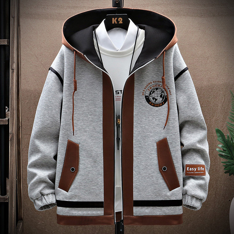 男士外套春秋款撞色拼接连帽夹克男装潮牌上衣青少年港风工装褂子