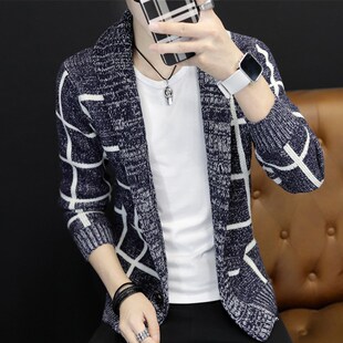 格子毛衣外穿秋冬季 针织开衫 修身 外套潮流韩版 加厚慵懒风线衣 男士