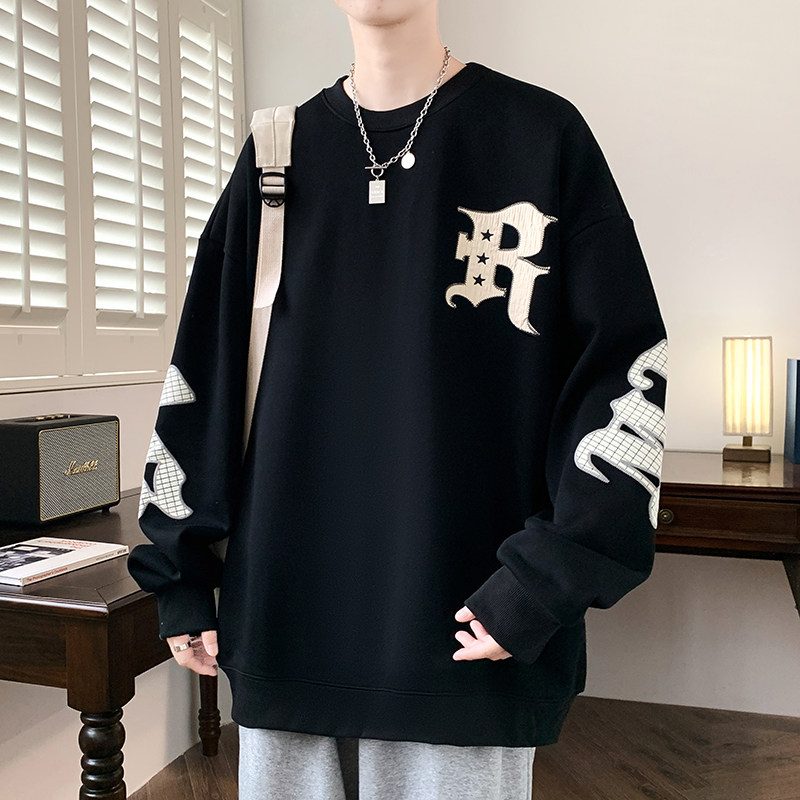 秋冬款圆领卫衣男生加绒加厚潮牌痞帅青少年初中高中学生长袖t恤