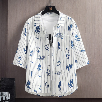 春夏青少年潮男学生七分袖衬衫长袖韩版修身中袖休闲棉质7白衬衣