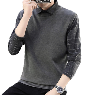 2026冬季假两件毛衣男套头衬衫领马甲针织衫青年韩版潮流背心毛衣
