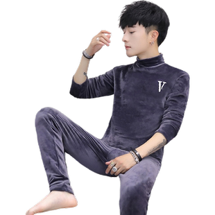 冬季保暖内衣男加绒半高领青年加厚金丝绒套装学生秋衣秋裤打底衫