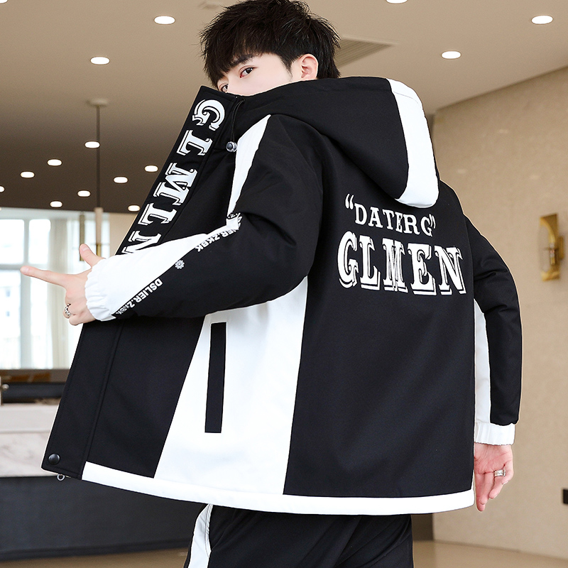 秋冬季外套男装加绒加厚韩版潮流青年短款连帽男士夹克保暖外衣服