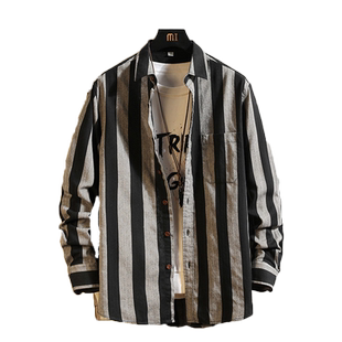 男士条纹衬衫2025春季新款寸衫宽松长袖衬衣春装外套韩版潮流上衣
