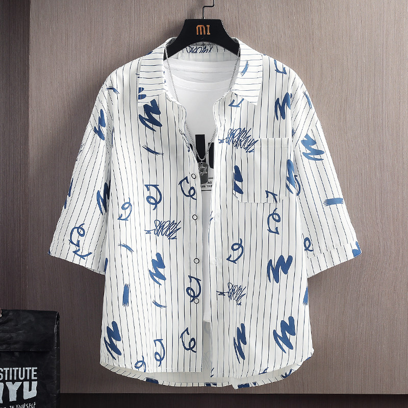 衬衫男短袖夏季休闲宽松冰丝外套男青少年潮牌个性印花七分袖衬衣