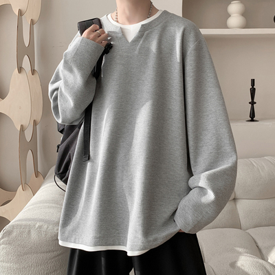 黑色假两件长袖卫衣男秋季2025新款美式复古宽松休闲V领打底衫潮