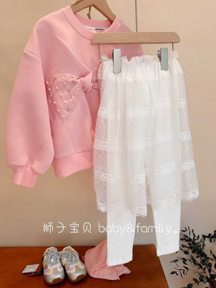2024秋季新款女大童假两件打底裤网纱半身裙女童波点雪纺白色裤裙