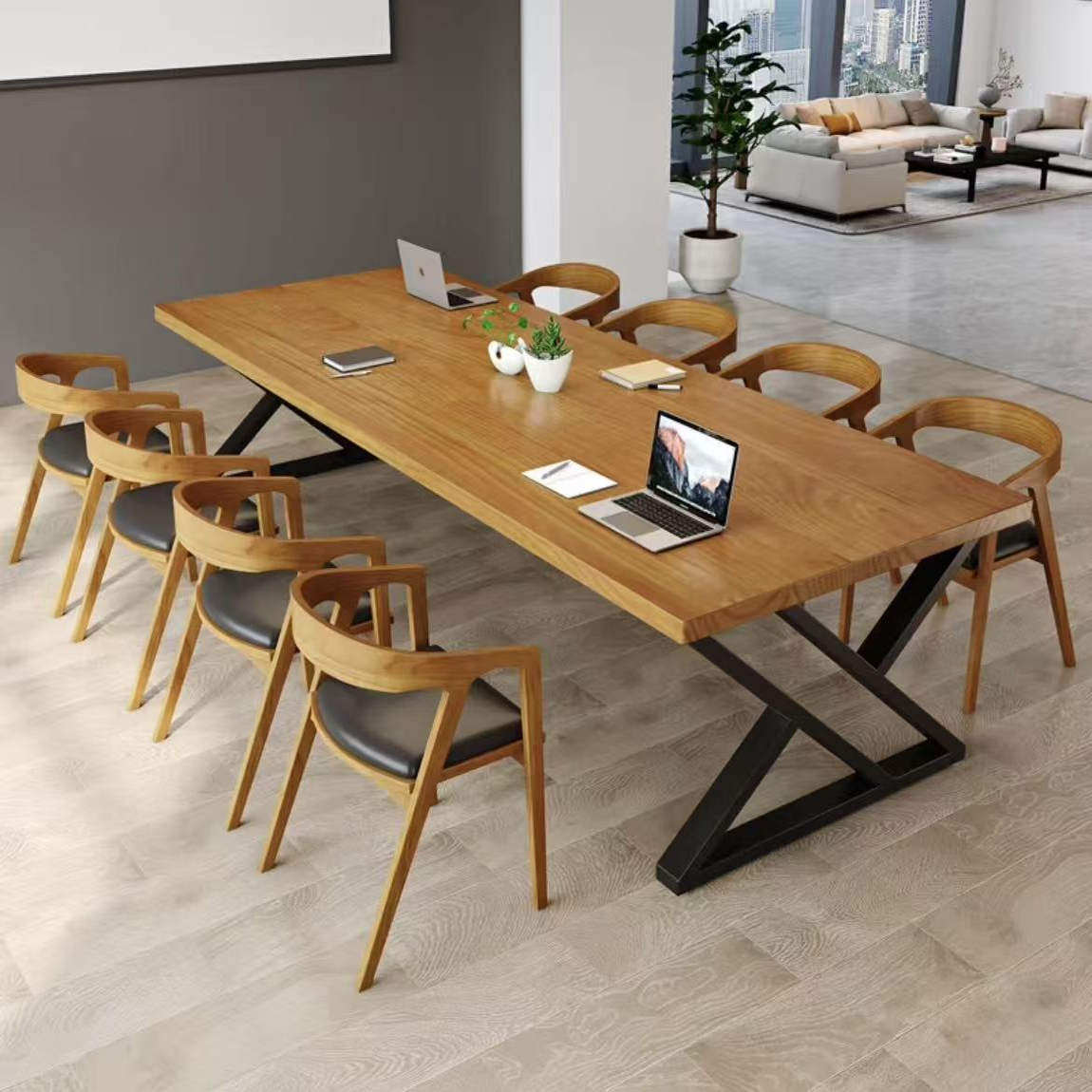 实木大板电脑桌现代简约家用长方形洽谈桌工业风办公会议桌一体