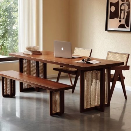 现代简约实木藤编餐桌椅组合书桌大板桌长条办公电脑桌洽谈茶桌