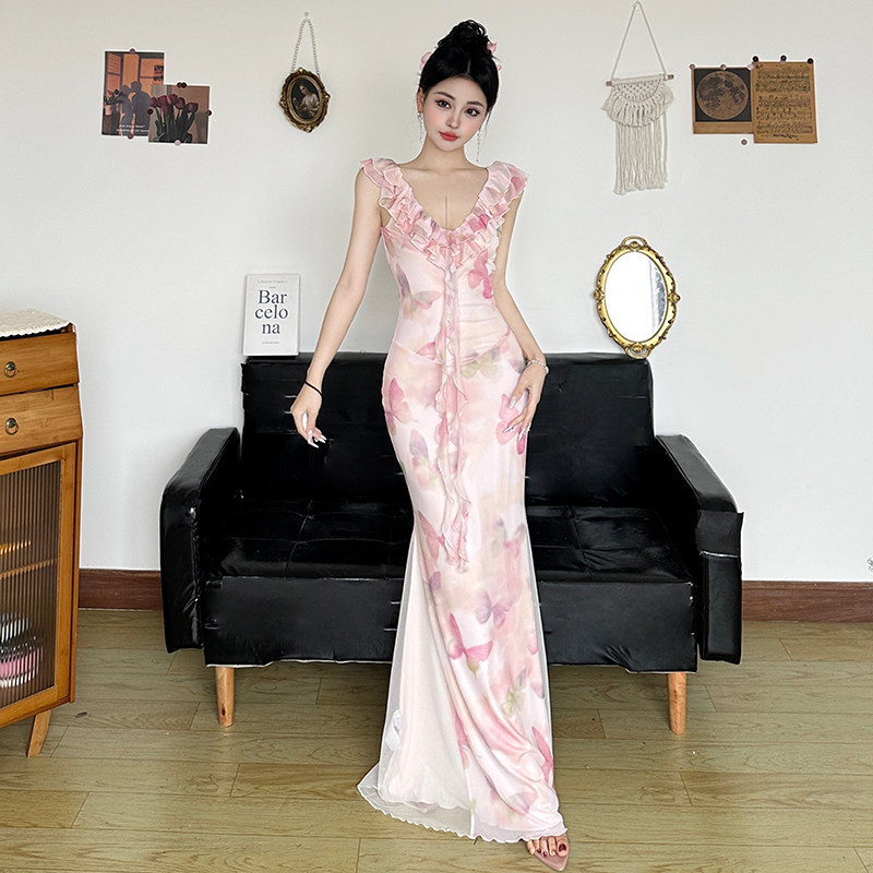 SWEETOWN粉色佳人#度假风蝴蝶印花荷叶边V领连衣裙甜辣包臀鱼尾裙,女装/女士精品,连衣裙,淘宝优惠券,粉丝福利购,淘宝优惠卷