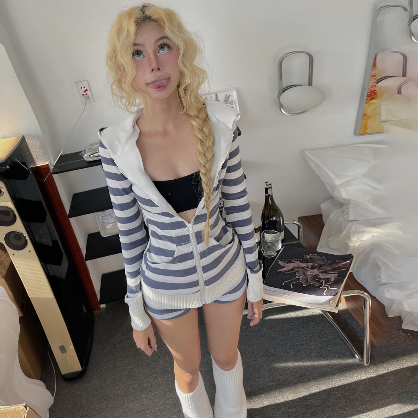 SWEETOWN亚比风小众复古条纹拼色连帽外套美式休闲显瘦拉链上衣女