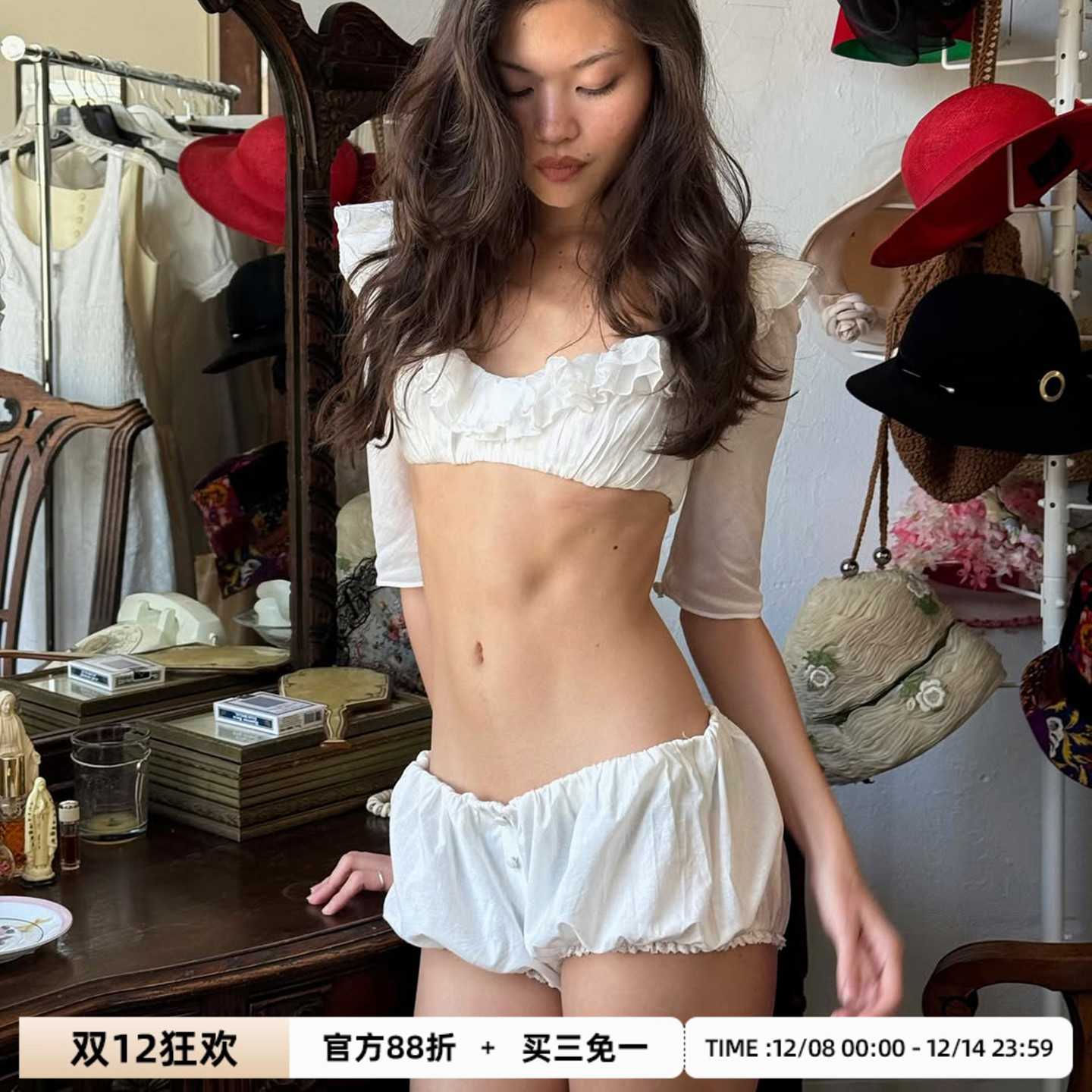 SWEE5TOWN甜系少女#法式居家风休闲花苞短裤低腰辣妹梭织松紧裤夏