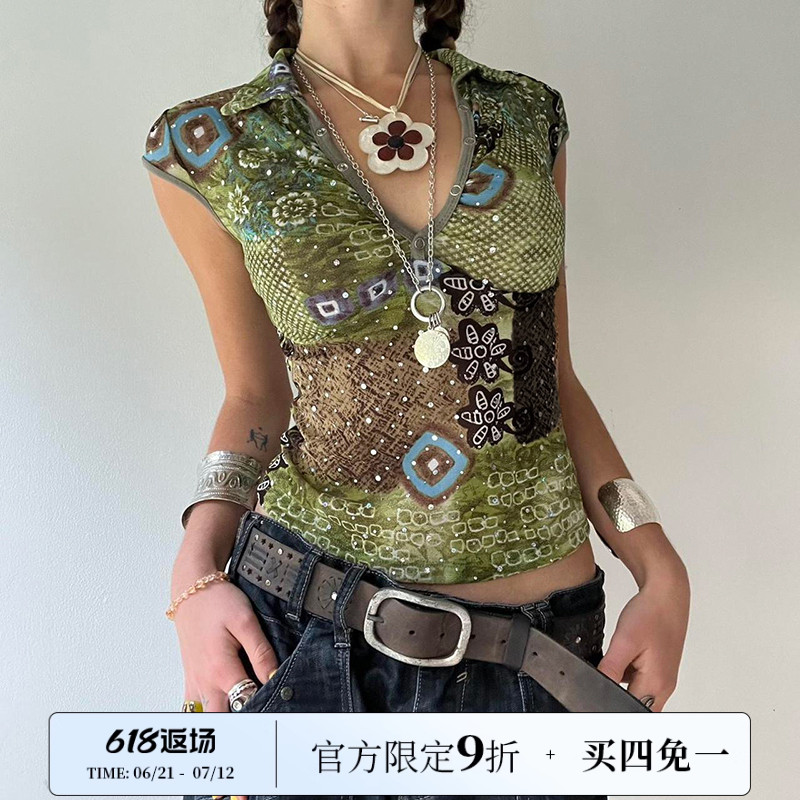 SWEETOWN森系女巫#复古vintage印花显瘦短袖T恤小众显瘦古着上衣