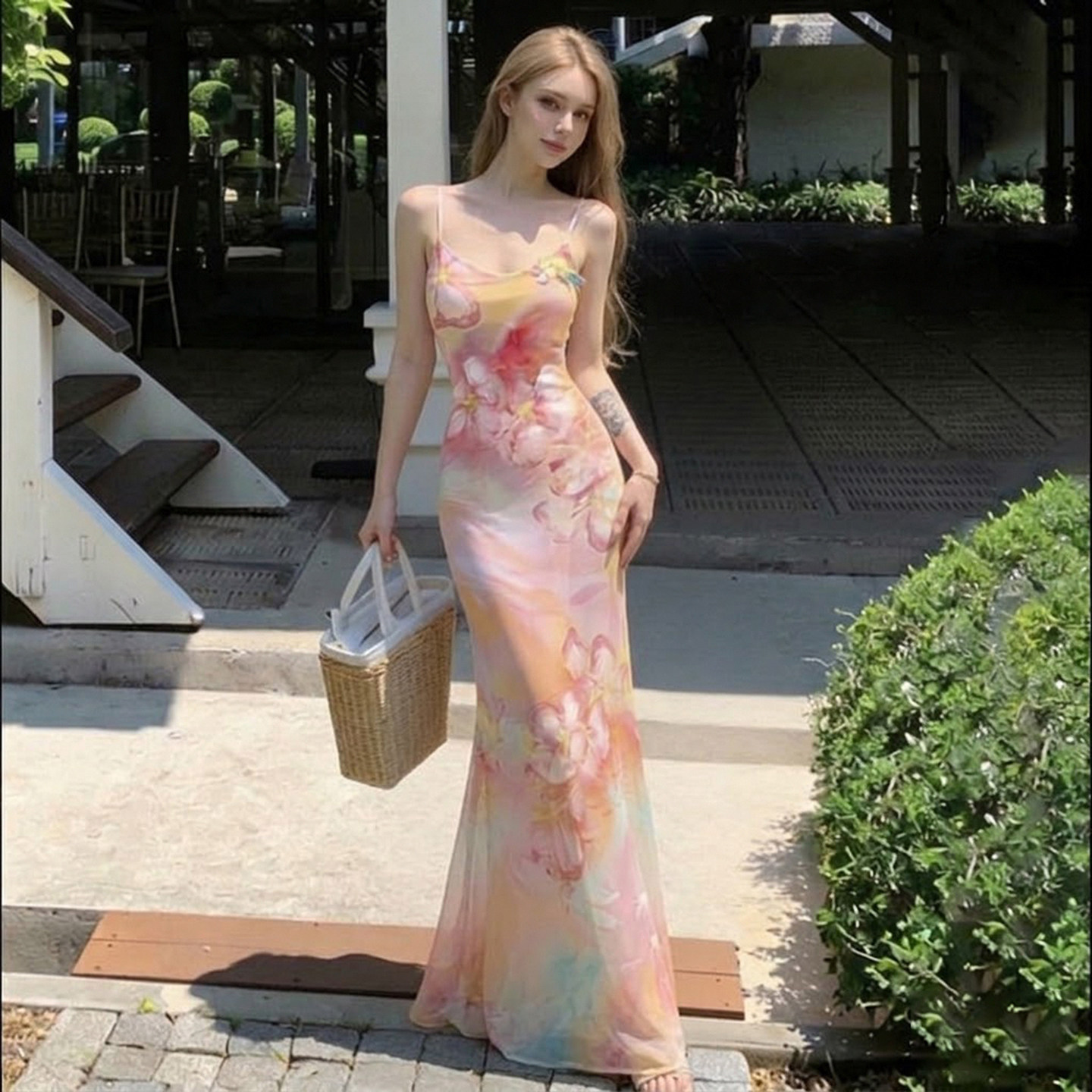 SWEETOWN流光溢彩#设计感拼色花卉吊带长裙性感辣妹鱼尾连衣裙夏图片