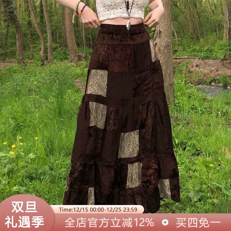 vintage印花拼布古着丝绒半长裙