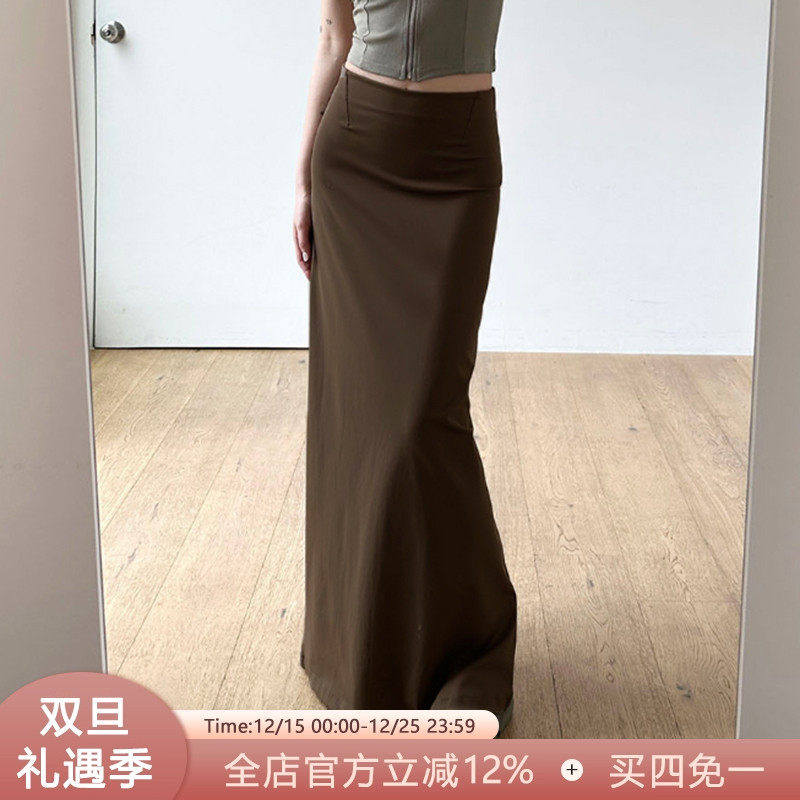 复古棕色一片式开衩辣妹包臀长裙