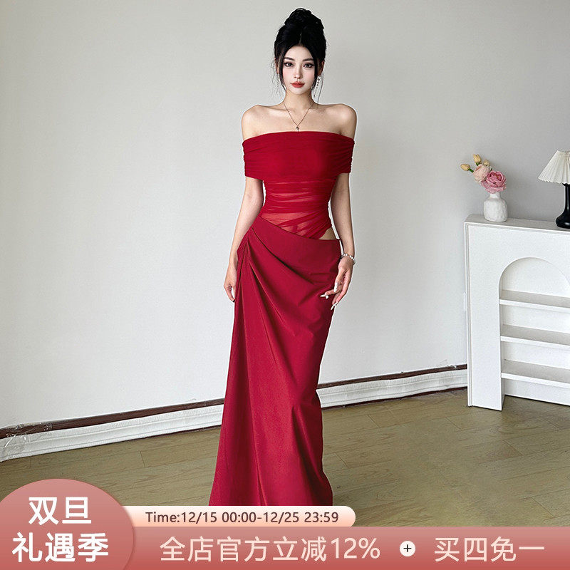 SWEETOWN美神降临#度假风性感辣妹露肩连衣裙网纱透视露肩包臀裙