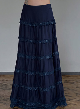 SWEETOWN复古蓝调#优雅气质蕾丝花边拼接A摆长裙古着显瘦百搭半裙