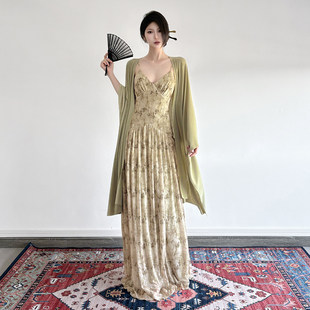 SWEETOWN禅意 清冷感寂侘风复古印花吊带长裙复古飘逸蝙蝠侠开衫