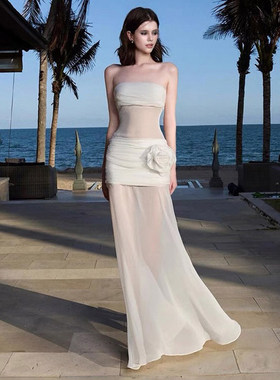 SWEETOWN超仙度假风立体花卉网纱透视长裙收腰甜辣妹抹胸连衣裙夏