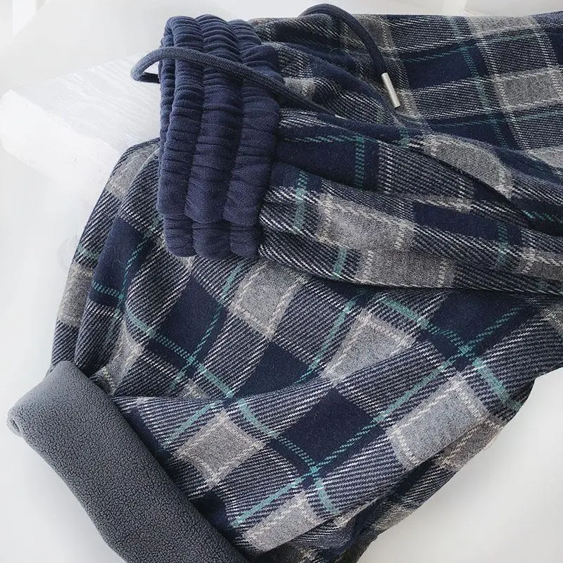 保暖加绒加厚格子裤女冬季宽松显瘦高腰直筒休闲阔腿裤拖地裤