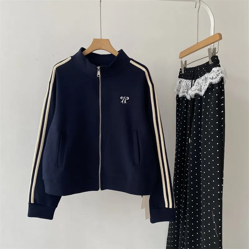 减龄刺绣立领拉链夹克上衣女高腰短款撞色杠条运动卫衣棒球服外套