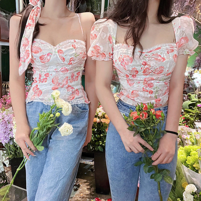 法式碎花吊带背心女外穿露肩ins时尚百搭显瘦气质小清新短上衣