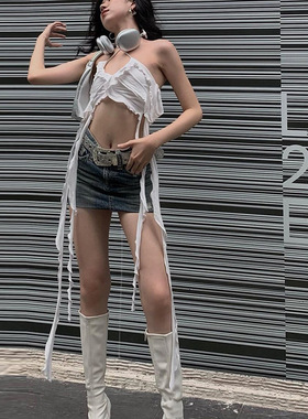 Spicy Girl with Umbilical纯色人荷叶边上衣露脐辣妹吊带背心女