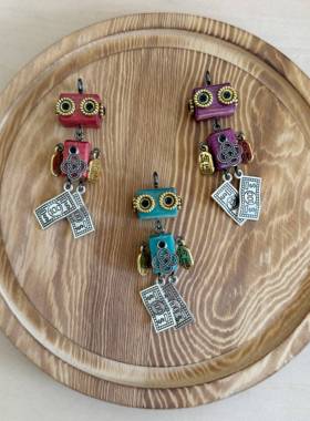 手工制作蒸汽朋克机器人项链钥匙扣车挂吊坠木质diy饰品礼物