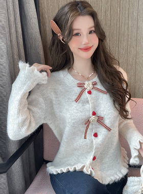 戴萌同款ISTYNI蝴蝶结红色扣花边针织外套开衫女甜美毛衣秋冬新款