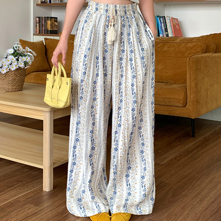 安悦溪厉嘉琪同款ICYNUDE 蓝白碎花松紧腰休闲裤显瘦阔腿裤女裤子