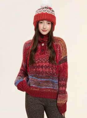 ICYNUDE官方店红色条纹小立领针织上衣甜美风减龄时尚毛衣女秋冬