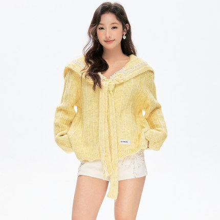 ICYNUDE官方店黄色大领系带针织开衫女宽松甜美百搭休闲上衣秋冬