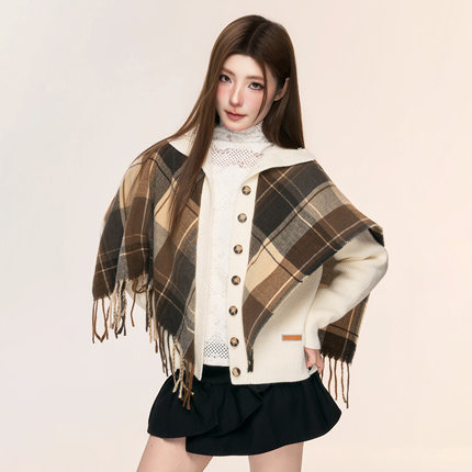 ISTYNI官方店围巾拼接针织小立领针织开衫设计感时尚上衣女秋冬