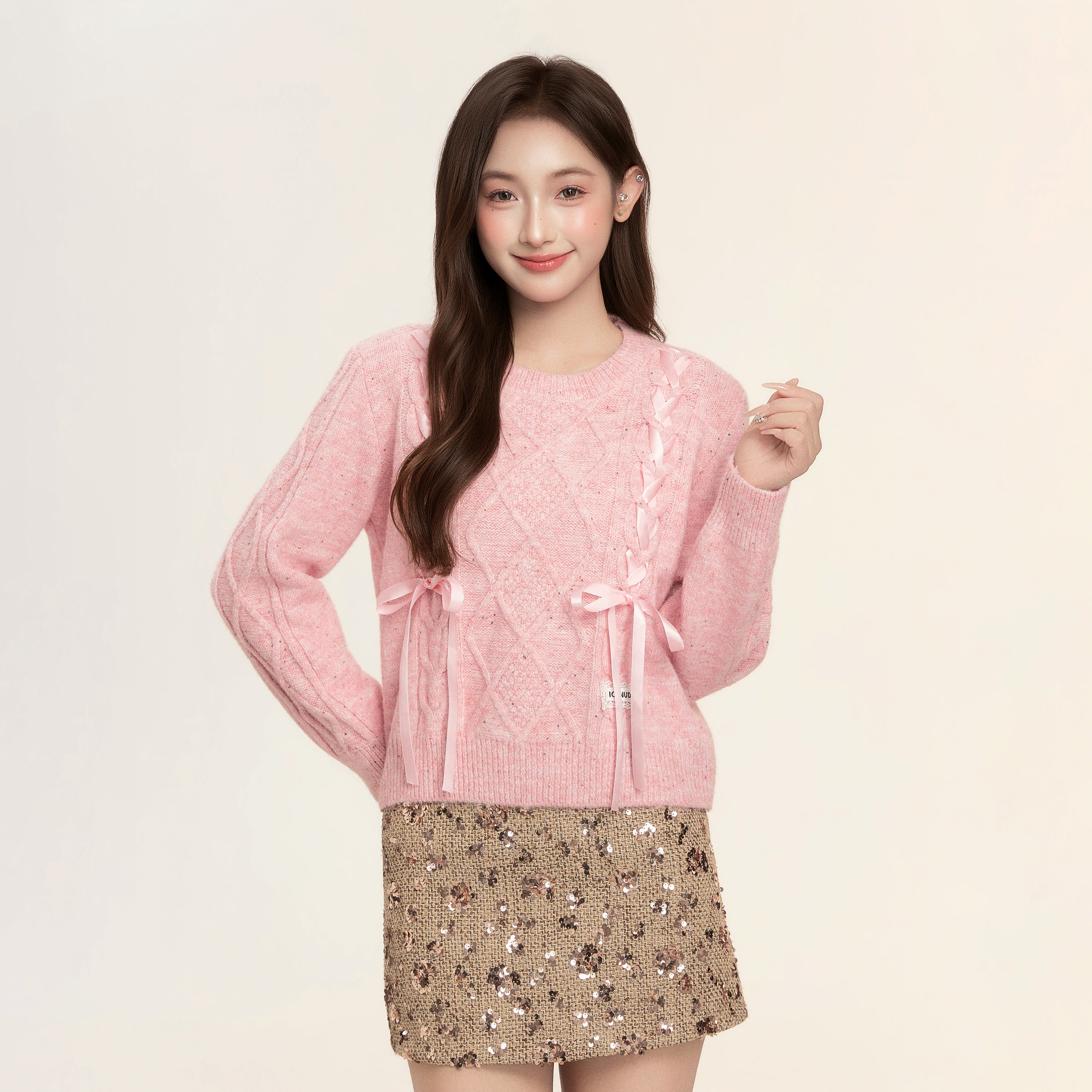 ICYNUDE官方店粉色丝带针织上衣甜美风减龄宽松时尚毛衣女秋冬,女装/女士精品,毛针织衫,淘宝优惠券,粉丝福利购,淘宝优惠卷