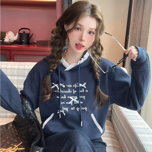 ISTYNI蕾丝花边印花连帽卫衣女宽松时尚 戚砚笛同款 上衣春 现货