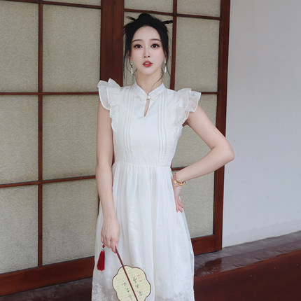 ICYNUDE官方店江南画卷荷叶边长裙小飞袖气质连衣裙春夏新款