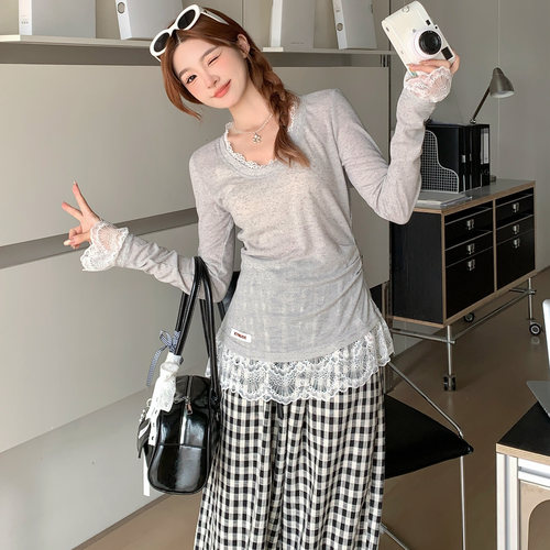 蕾丝拼接不对称上衣女