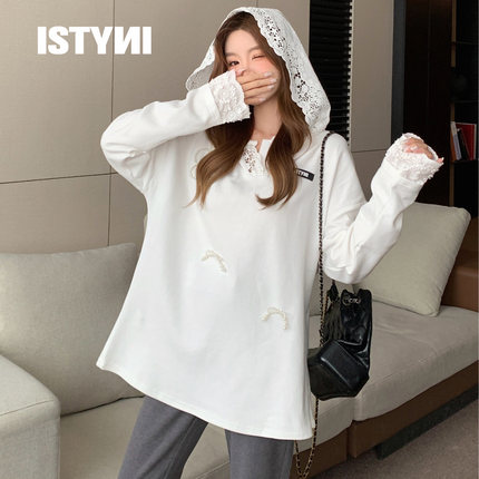 徐紫茵宁心包文婧同款ISTYNI 手缝钉珠蕾丝磨毛加绒连帽T恤女上衣