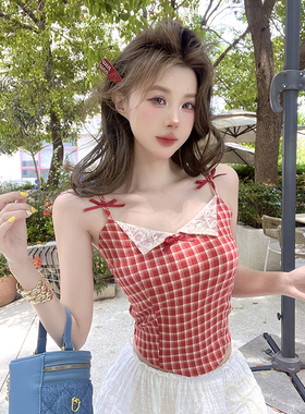 ICYNUDE官方店红色格子打揽吊带背心女外穿设计感修身短款上衣夏