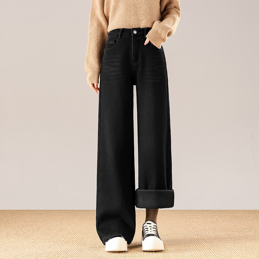 韩序官方正品苏昔2025新款女裤加绒加厚口袋线迹刺绣直筒牛仔裤