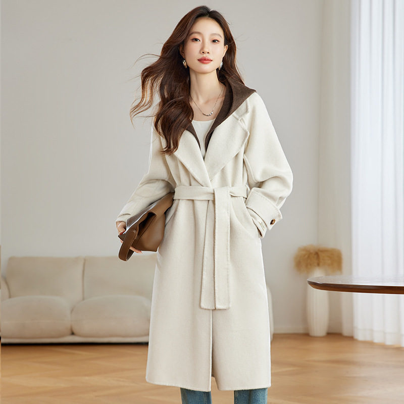 品牌苏昔然彩女装2025新款大码女装时尚秋冬季连帽羊毛双面毛呢大