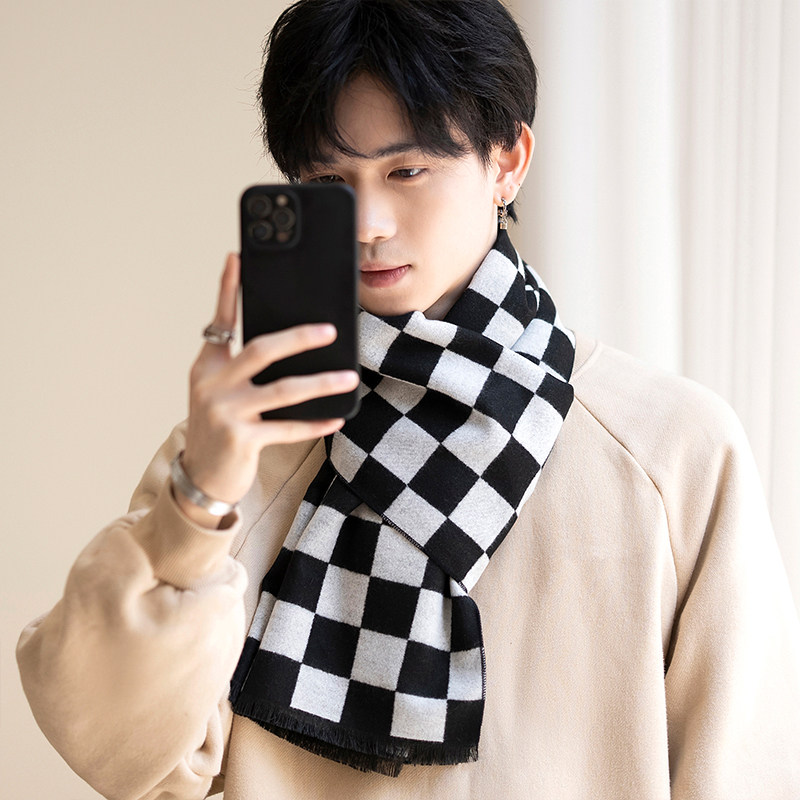 柔软棋盘黑白格子~羊毛男士围巾百搭韩版保暖围脖潮款学生礼盒装