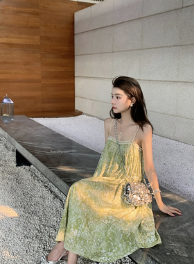 YEXIAOTING叶小婷 绿野来信 草绿花边吊带碎花连衣裙长裙度假风夏
